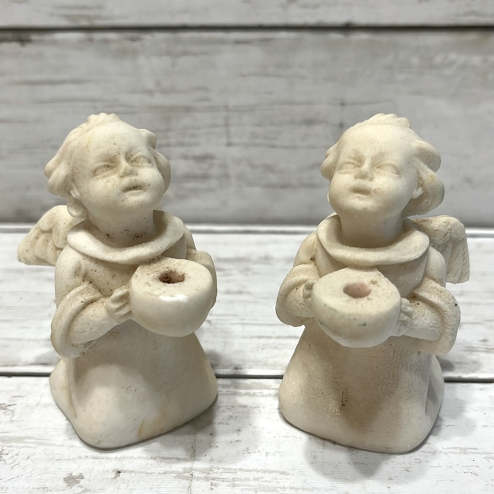 Pair of Kneeling Angel Candle Holders, White Plaster, Holds 1/8" Candles, w/Box